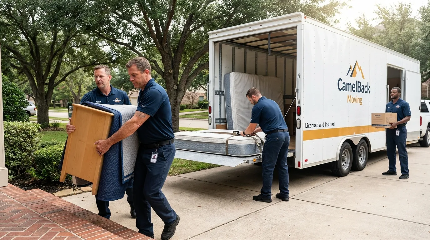 Crew loading residential truck for cross-state move from Cambria Heights, NY