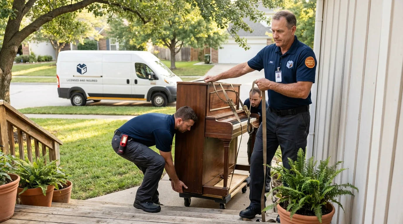 Licensed piano movers securing grand piano in Cambria Heights, NY