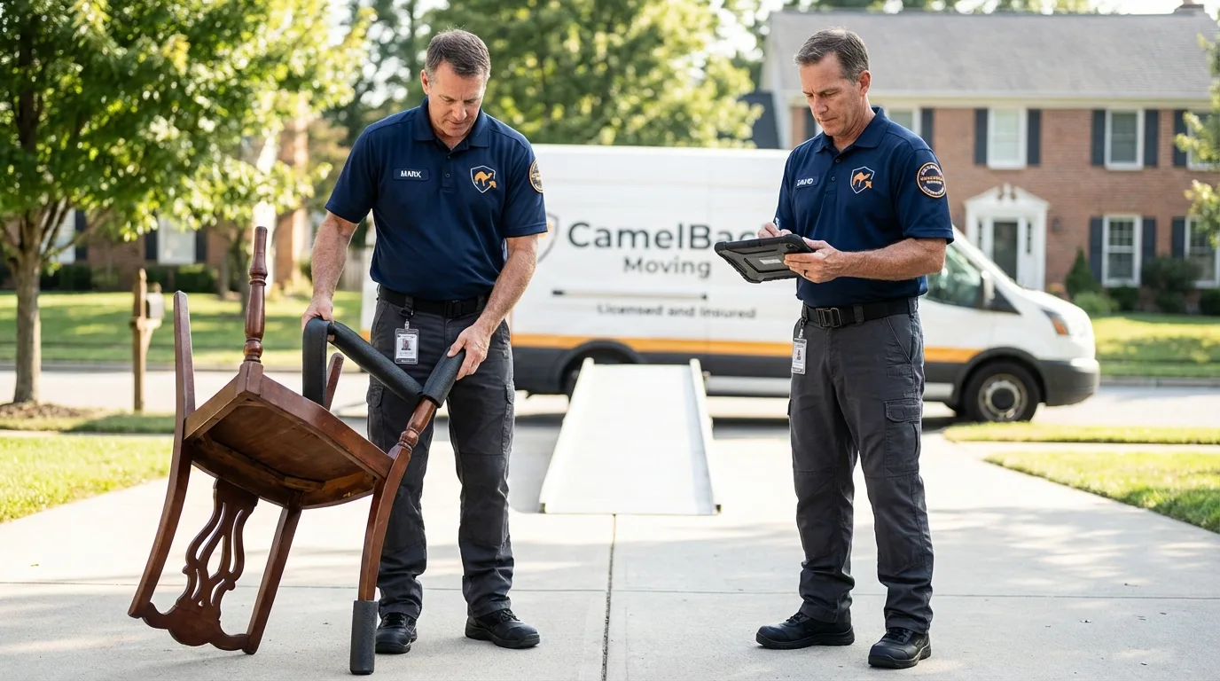 Movers inspecting furniture for damage prevention before loading in Cambria Heights, NY