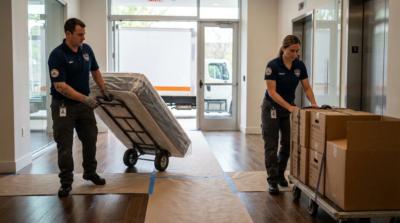 Professional apartment movers loading elevator in Cambria Heights, NY