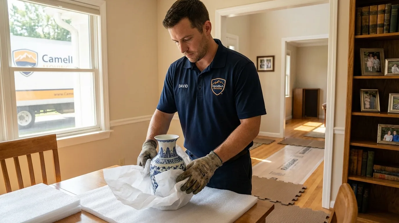 Professional crew carefully wrapping antique vase for senior downsizing move in Cambria Heights, NY